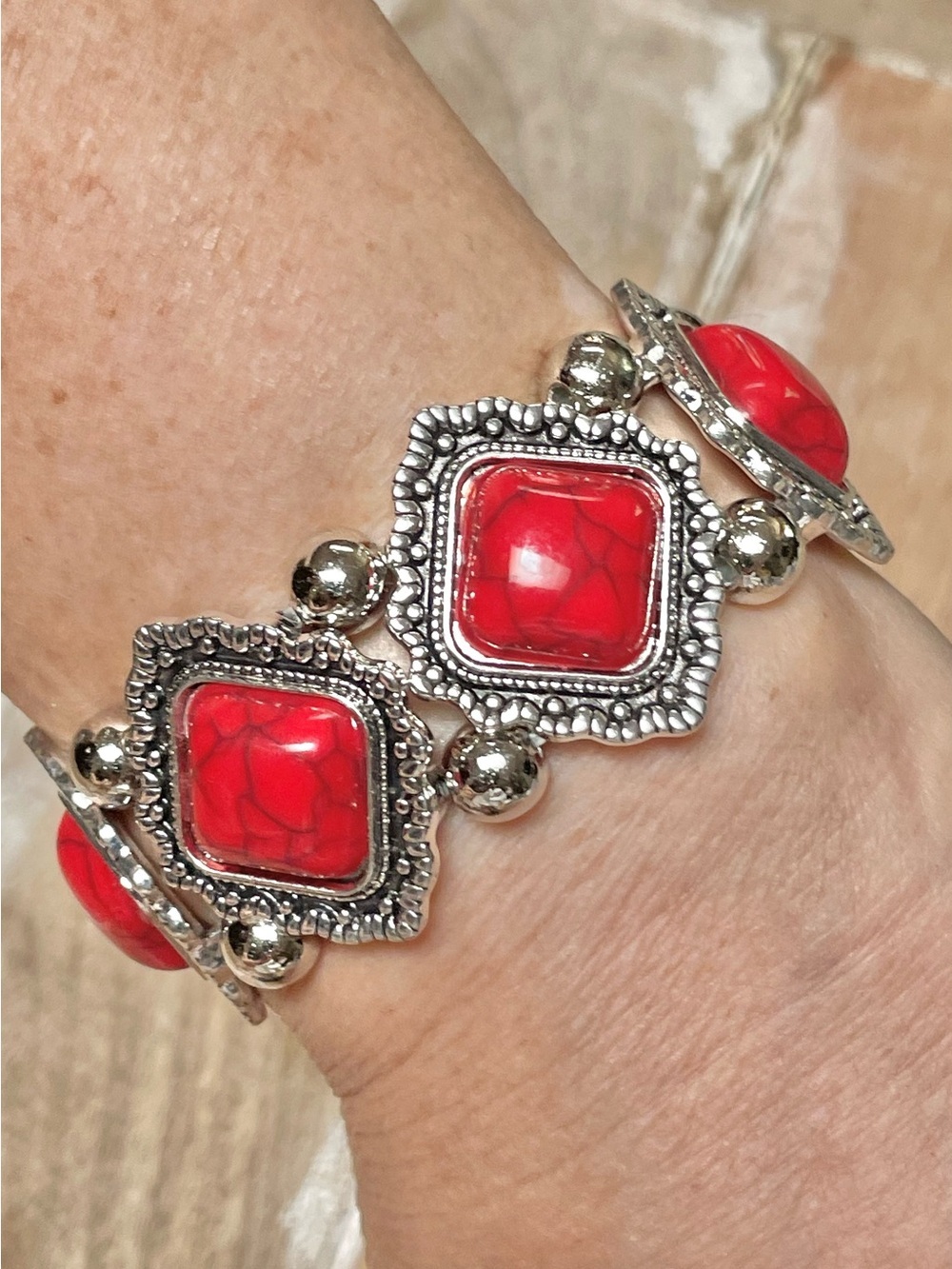 Silver-Tone Bracelet with Red Faux Turquoise Stone Accents